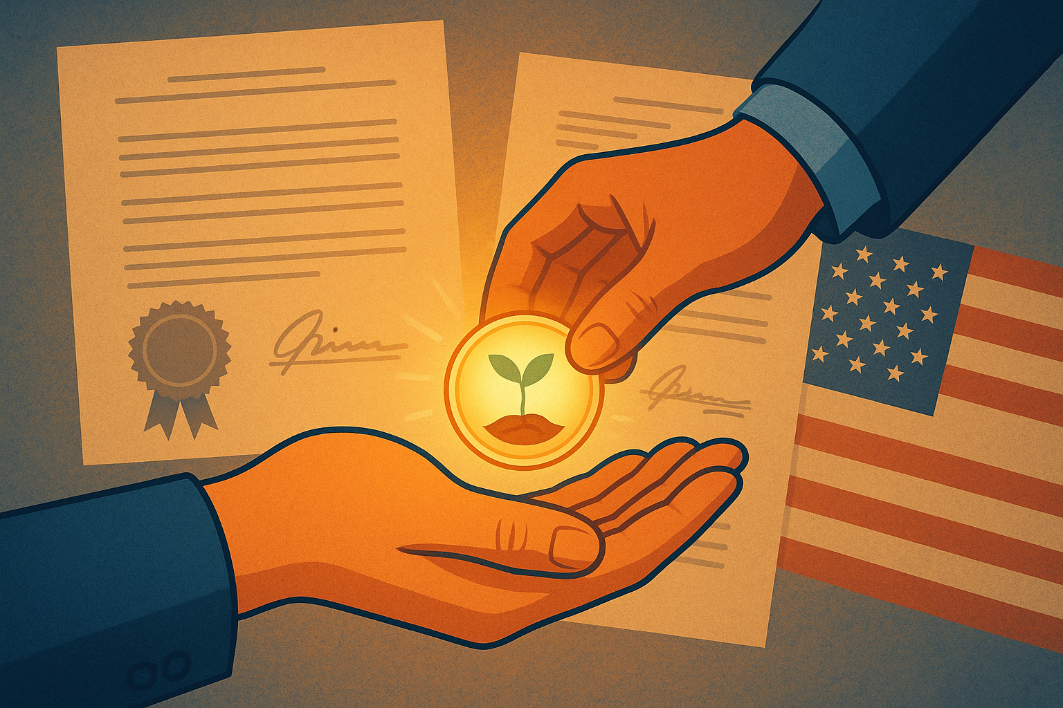 A hand receiving a glowing coin sprouting a seedling in front of official documents and a US flag, representing opportunity and non-repayable startup grants in the United States.