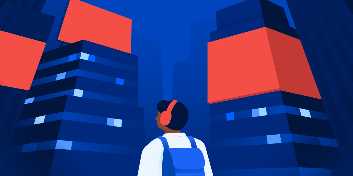 Illustration of a person wearing headphones looking up at digital out-of-home advertising examples on skyscrapers