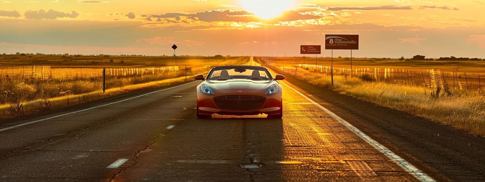 a sleek and modern car cruising down a scenic oklahoma highway with affordable car insurance billboards in the background.