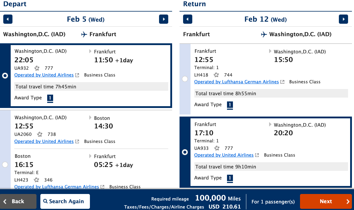 ANA DC to Frankfurt flight results