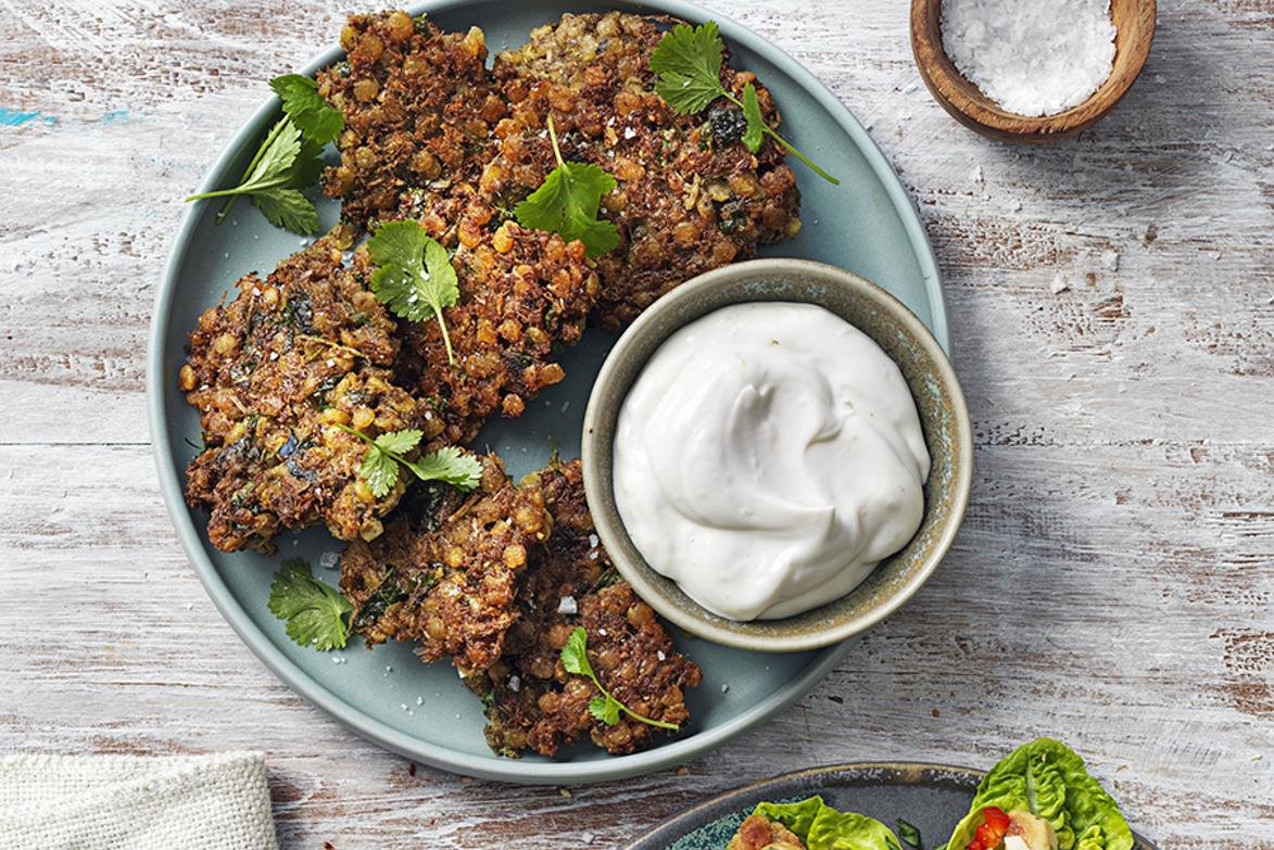  Spicy Lentil Fritters with Coconut Yogurt Dip