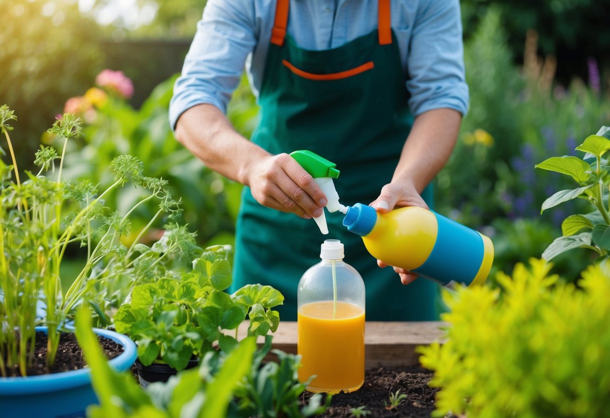 A person in a garden mixing natural ingredients in a spray bottle, surrounded by various plants and weeds