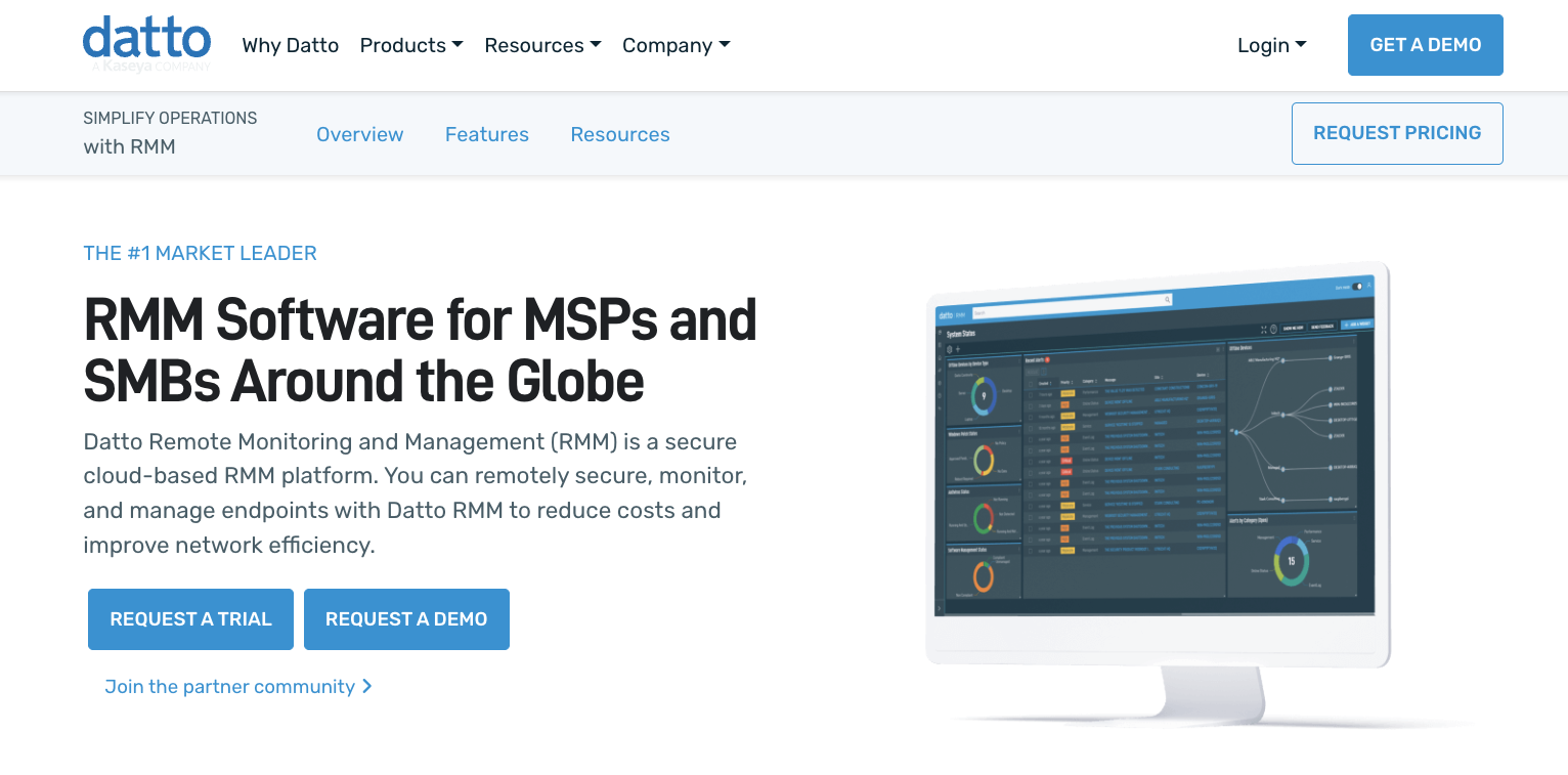 Screenshot of Datto RMM - Best IT reporting and alerting system for MSPs. It says,"RMM Software for MSPs and SMBs Around the globe."