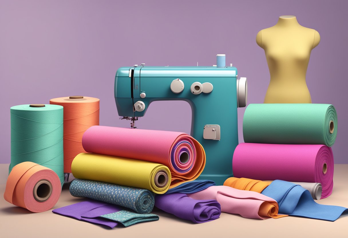 A stack of colorful fabric rolls, a sewing machine, and a pair of finished sweatpants on a mannequin