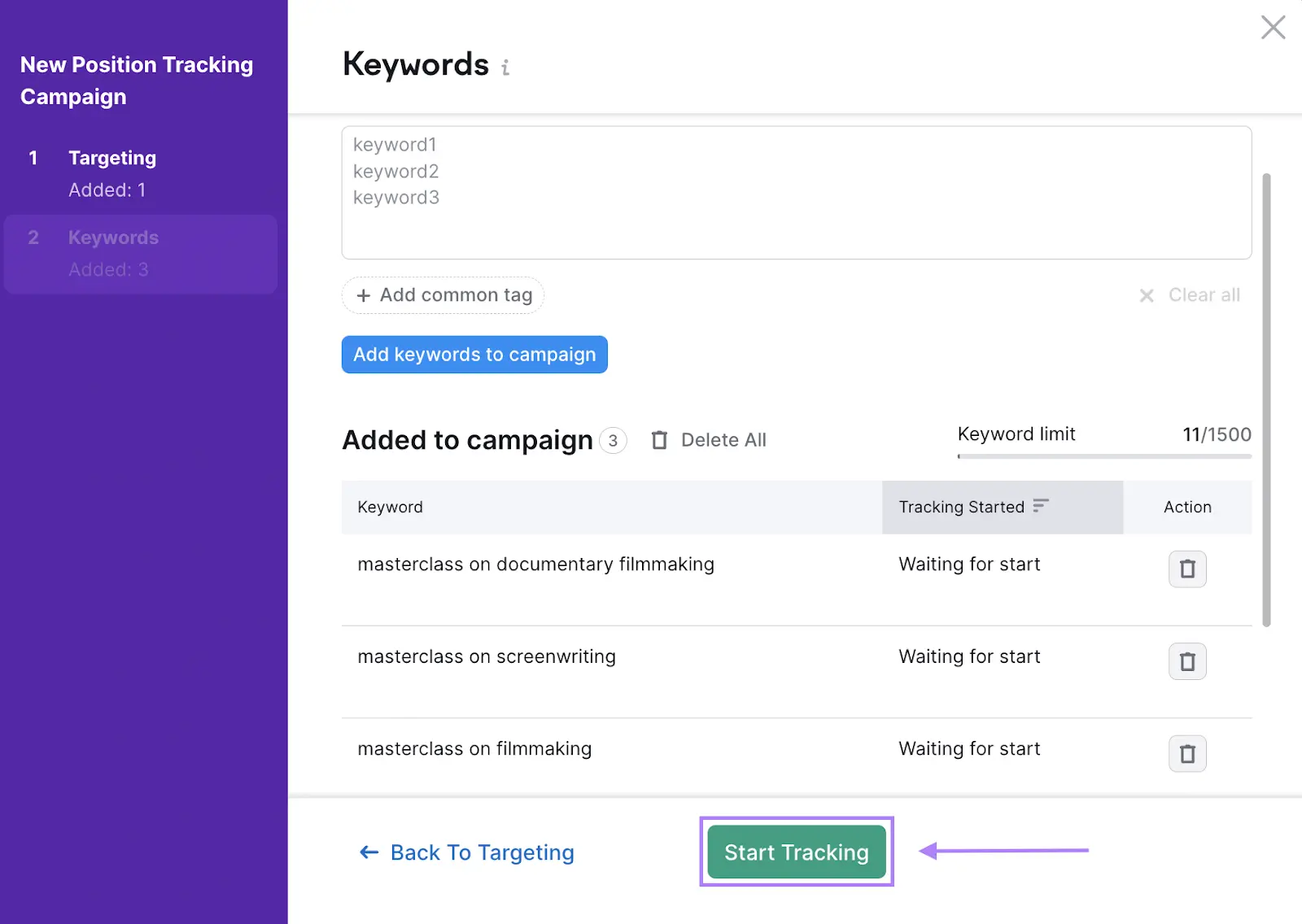 "Keywords" window in Position Tracking tool settings