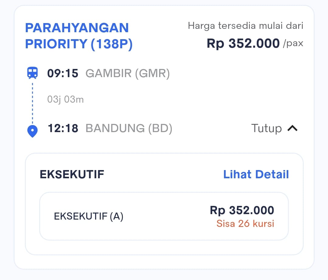 Harga Tiket KA Parahyangan Priority (138P) Gambir (GMR) – Bandung (BD)