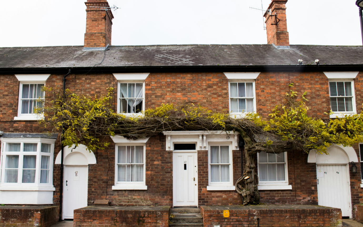 A brick house with vines growing on the side with Jane Austen's House Museum in the backgroundDescription automatically generated