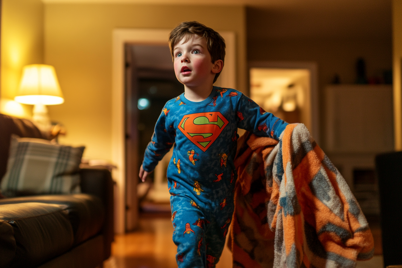 Boy in superhero pajamas in the living room dragging a blanket and looking up curiously | Source: Midjourney