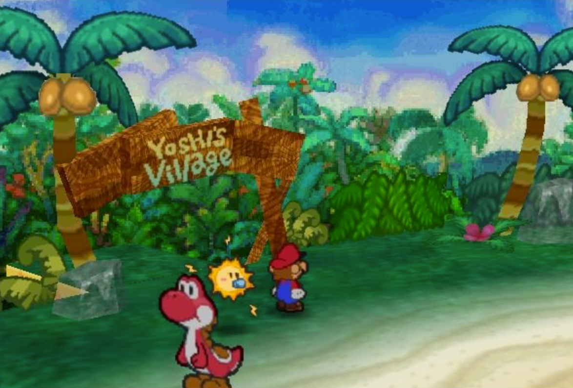 Mario standing in a village in a tropical forest in front of a sign that says Yoshi's village.