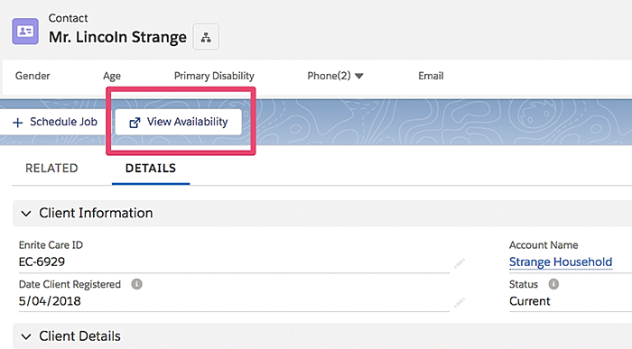 Select the view availability button to view a client's availability in more detail.