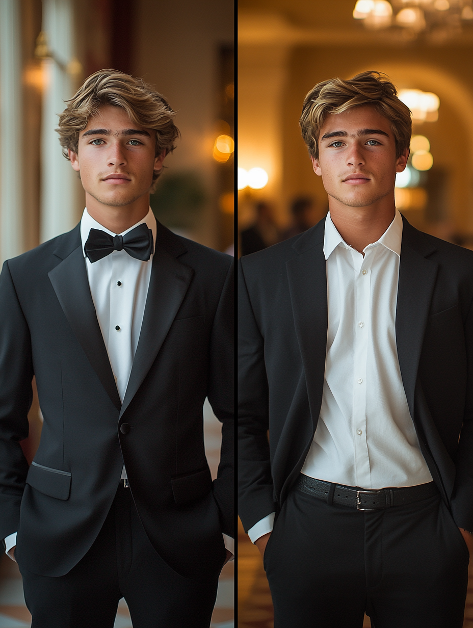 Split image of two young men, one dressed formally and the other casually, both ready for homecoming. On the left, a man in a sharp, black suit with a white shirt, black bow tie, and polished black shoes, exuding elegance in a ballroom or event venue. On the right, another man in a stylish yet casual look, wearing a well-fitted blazer over a dress shirt, paired with chinos and loafers. Both men display confidence and a youthful energy, with soft lighting and a stylish event venue backdrop. The formal side is sleek, while the casual side is laid-back yet sharp.