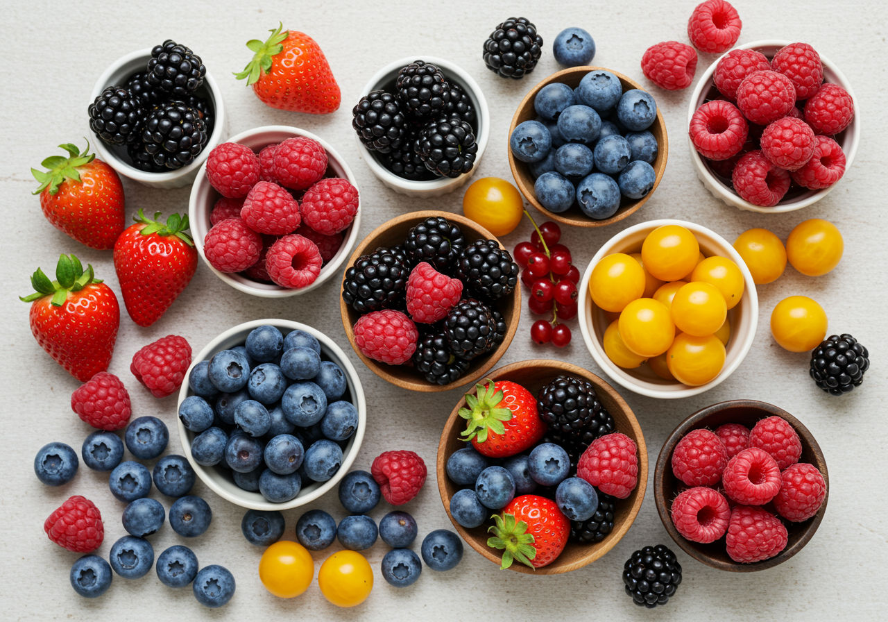 A photorealistic shot capturing a colorful array of berries including blueberries, strawberries, raspberries, and blackberries, arranged in small bowls or scattered on a light-colored surface, emphasizing their vibrant colors and fresh appearance.