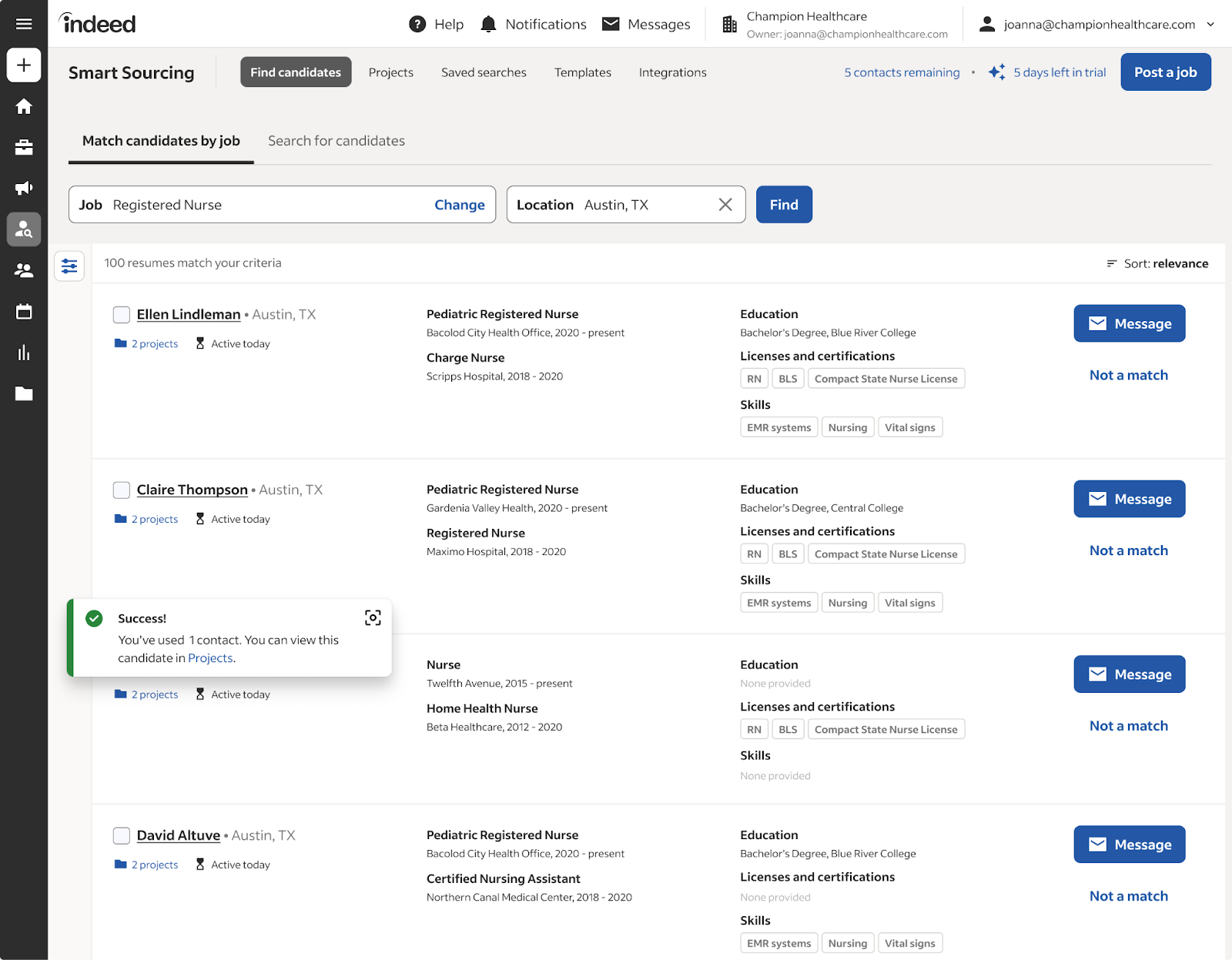 Screenshot of Indeed's Smart Sourcing dashboard showing candidate search results for 'Registered Nurse' in Austin, TX.