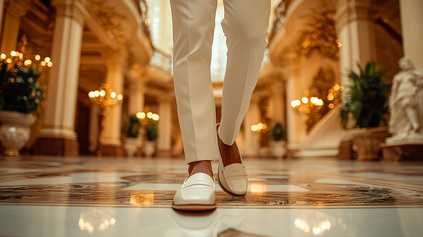 
A groom in a sharp white suit, wearing sleek loafers that provide a relaxed yet stylish alternative to traditional formal shoes. The loafers enhance the laid-back yet polished look, offering comfort without sacrificing elegance. The shoes add a modern touch to the white suit, perfect for a groom seeking a more casual, refined wedding style. The wedding venue, with soft lighting and elegant décor, highlights the groom’s effortlessly sophisticated appearance