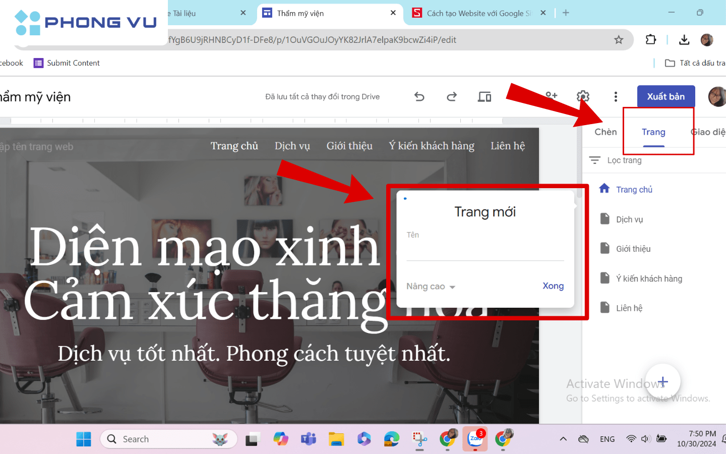 Vào tab Trang rồi di chuyển chuột vào dấu “+” > Chọn Trang mới để thêm
