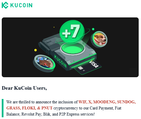 Screenshot of KuCoin's email to customers worldwide regarding WIF, FLOKI and MOO DENG support for card payments