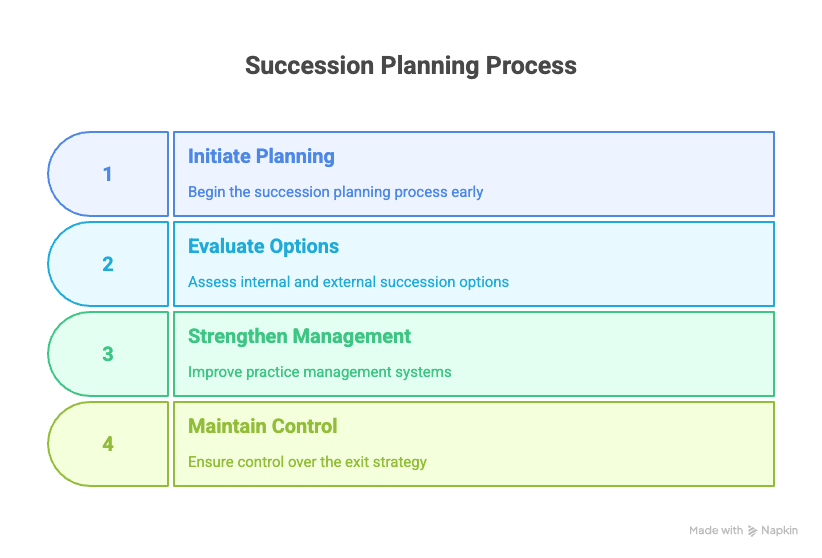 An infographic titled "Succession Planning Process" displays four horizontal, color-coded steps in a vertical sequence:

Initiate Planning (light blue) – "Begin the succession planning process early."

Evaluate Options (cyan) – "Assess internal and external succession options."

Strengthen Management (light green) – "Improve practice management systems."

Maintain Control (light yellow-green) – "Ensure control over the exit strategy."

Each step is numbered on the left side within a rounded box and paired with a bold title and supporting description on the right.