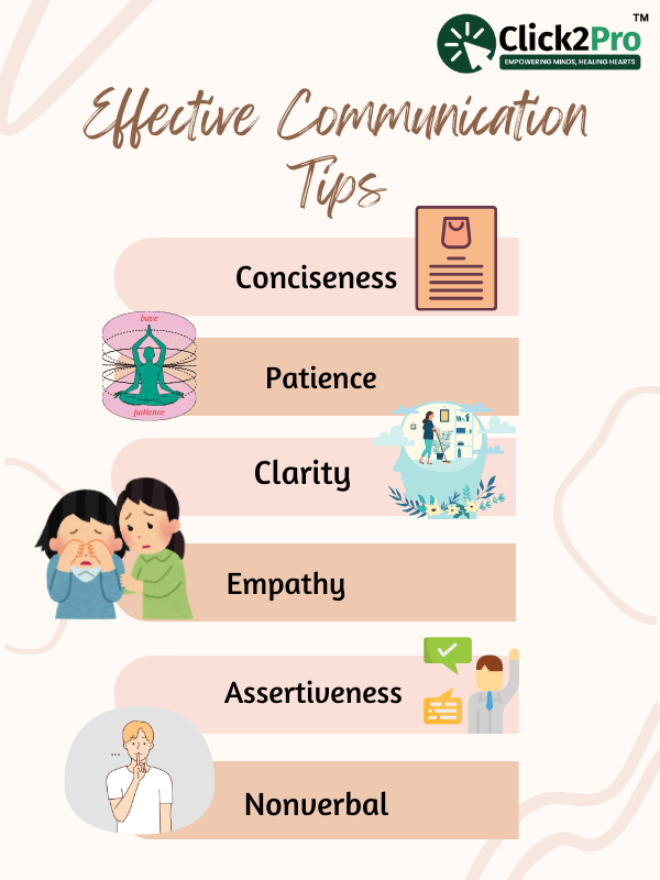 Effective Communication Tips infographic: Conciseness, Patience, Clarity, Empathy, Assertiveness.