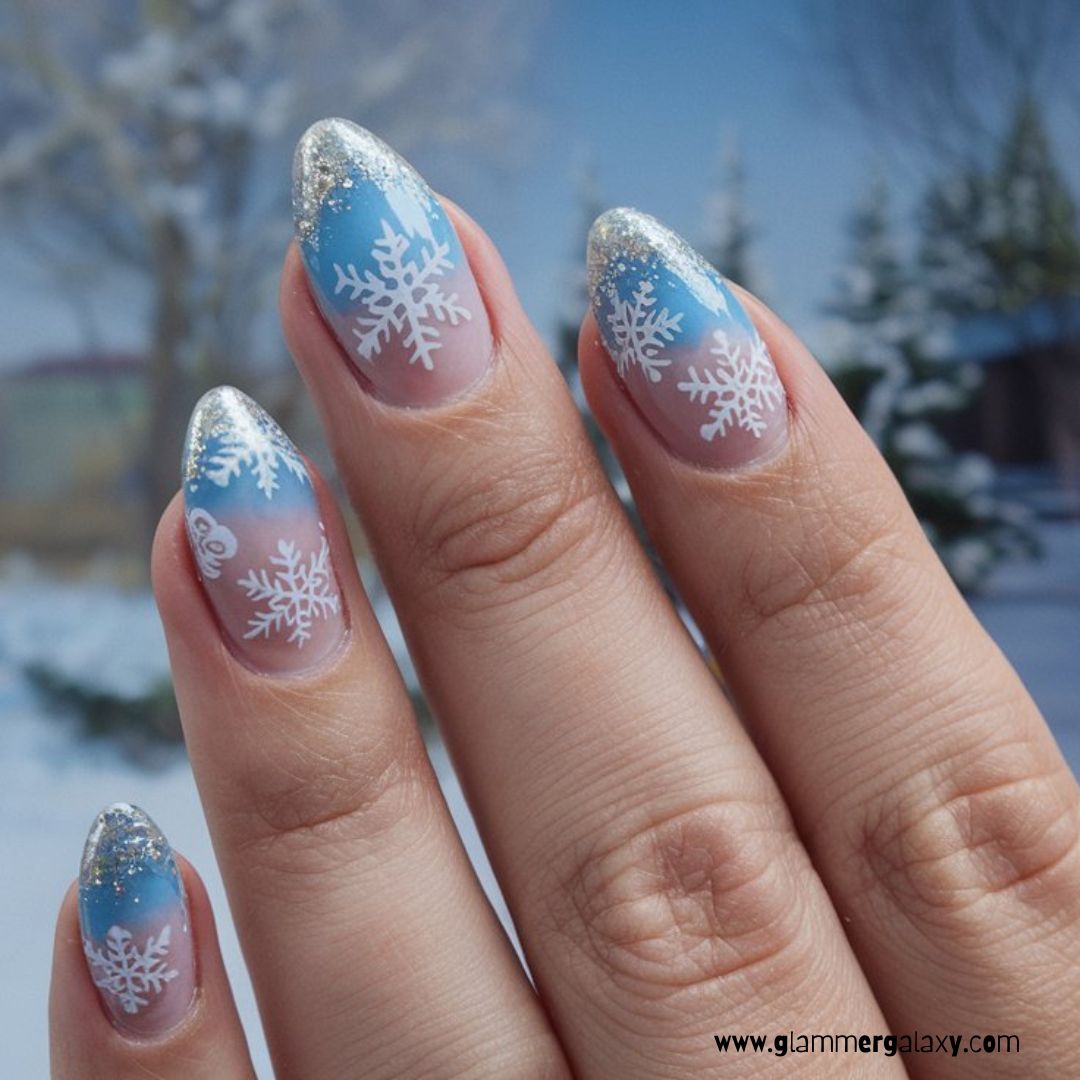 Christmas holiday Nails having Winter Snowflake Patterns
