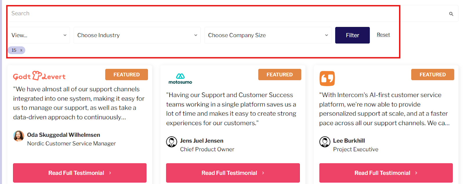 Industry and Company size filters on Featured Customers Testimonial page 