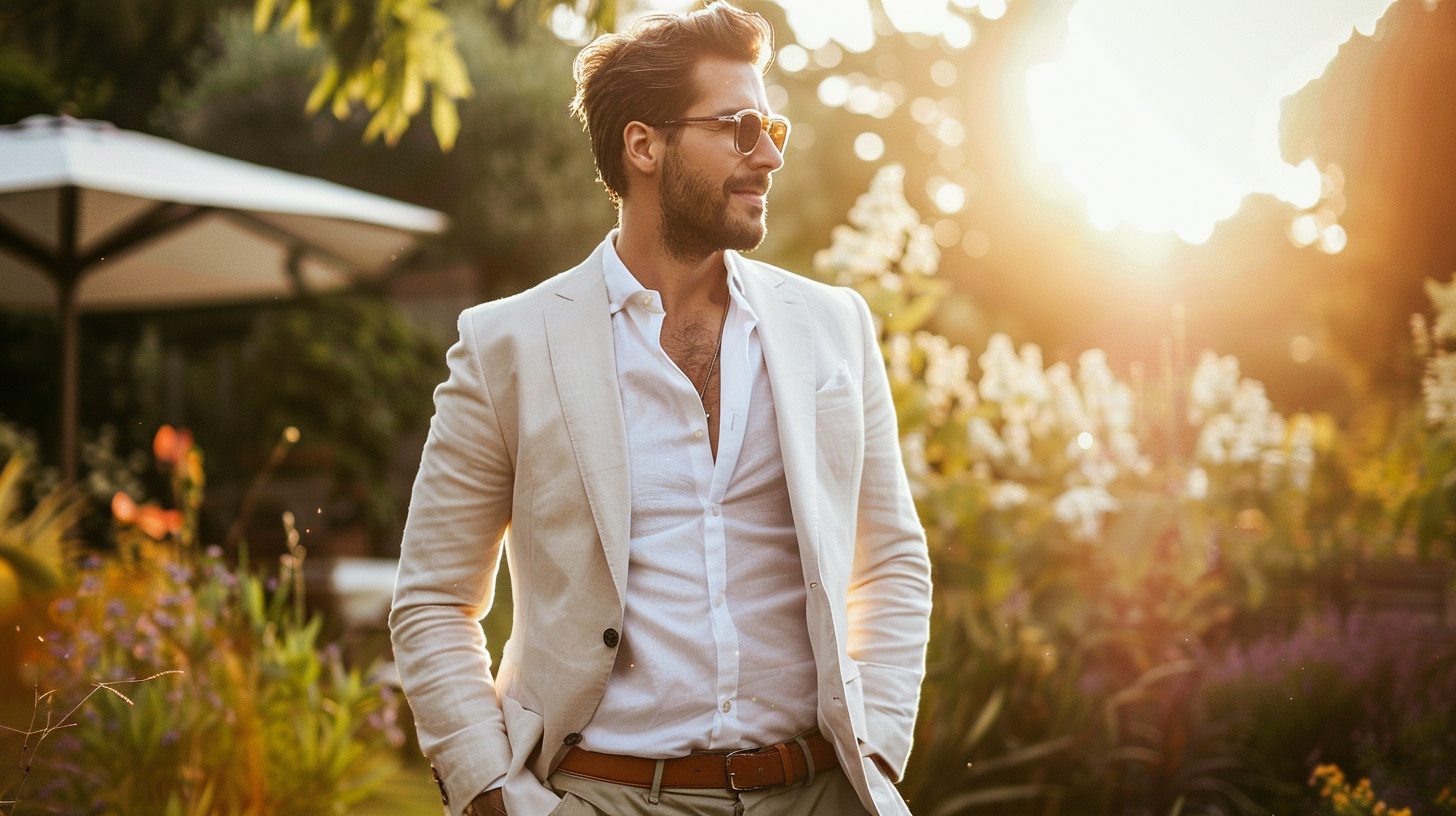 A man in summer casual wedding attire: wearing a light blazer with trousers, or no jacket, paired with a polo or button-down shirt, no tie, and clean shoes (loafers, brogues, or minimal dress sneakers), standing in a relaxed outdoor wedding setting like a garden or beach, warm natural lighting, laid-back but polished style