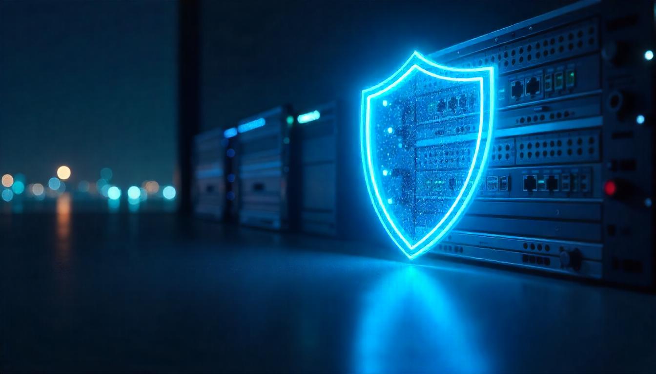 The vibrant, shimmering security shield projected against the data center equipment symbolizes how Managed Security Service Providers can empower organizations to effectively handling peak security loads. The shield's luminous, resilient presence reflects the MSSP's ability to provide robust, scalable safeguards that can withstand and mitigate even the most intense cyber threats, ensuring business continuity.