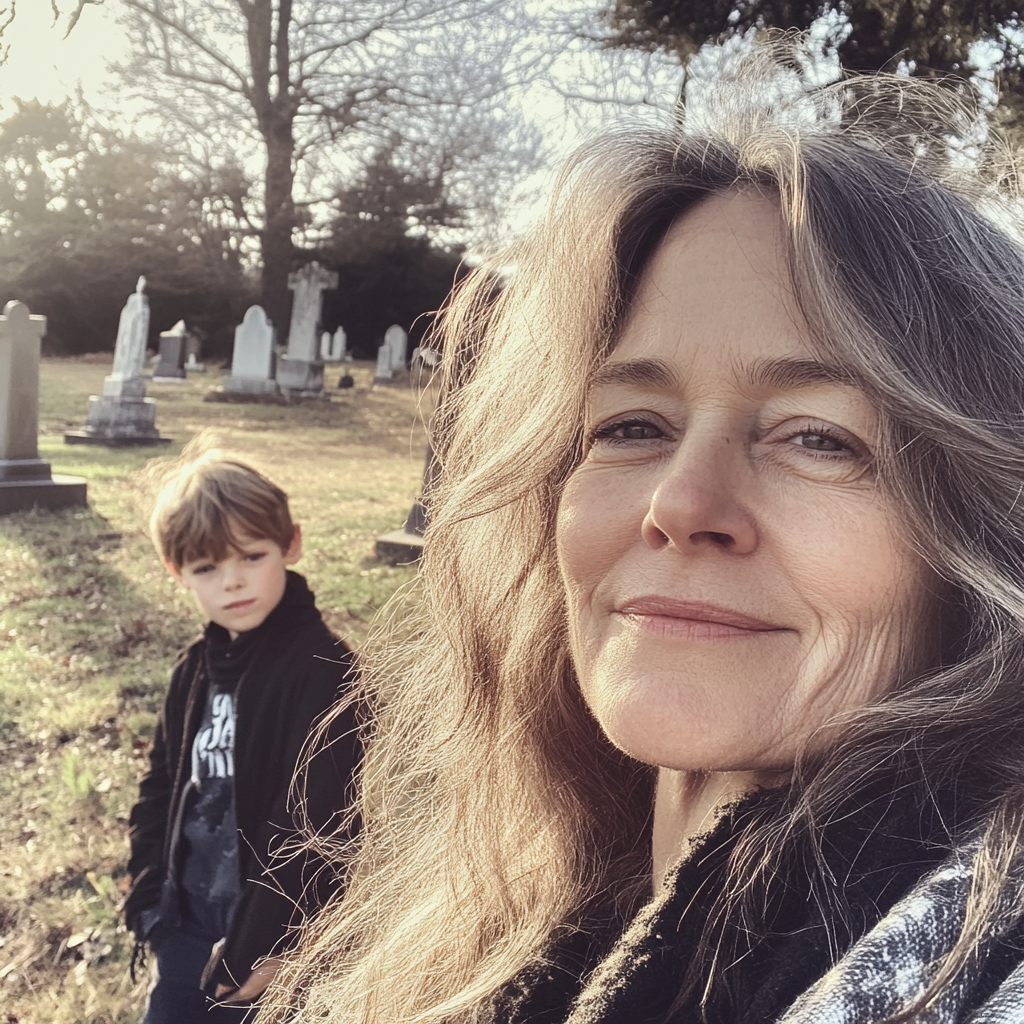 An older woman and a boy at a cemetery | Source: Midjourney