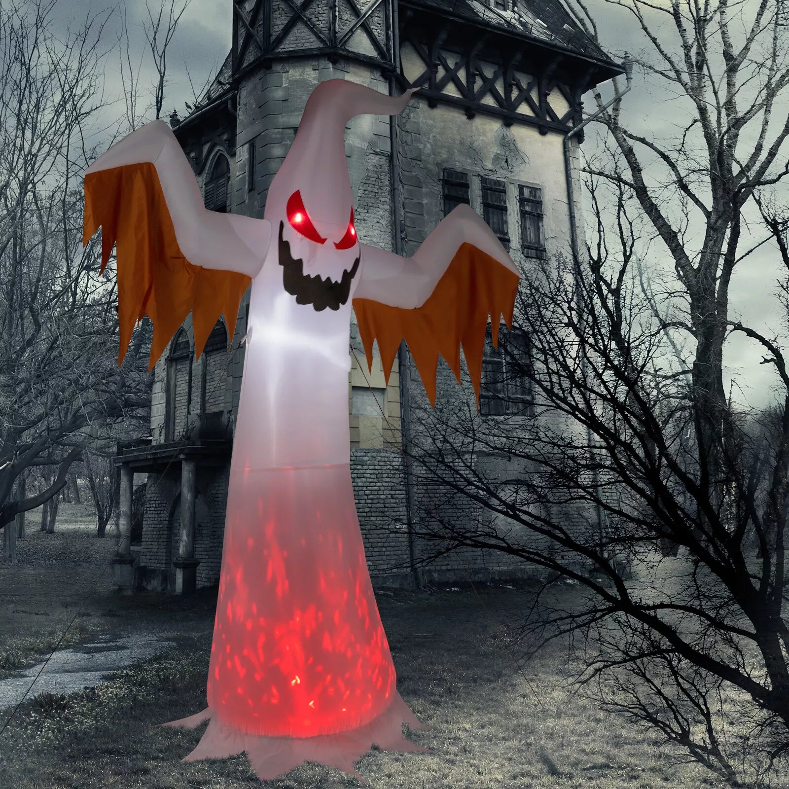 12ft Giant Halloween Inflatable Ghost with Flashing Red Eyes & LED Flame  Effect – Outdoor Yard Decor – Incendio