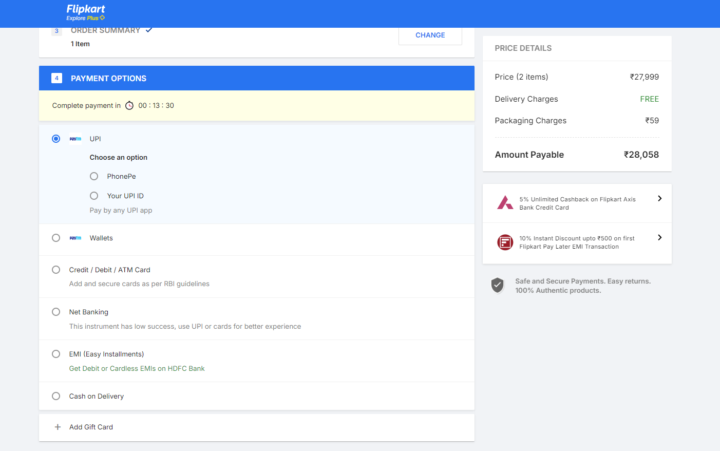 Various payment options available - Flipkart