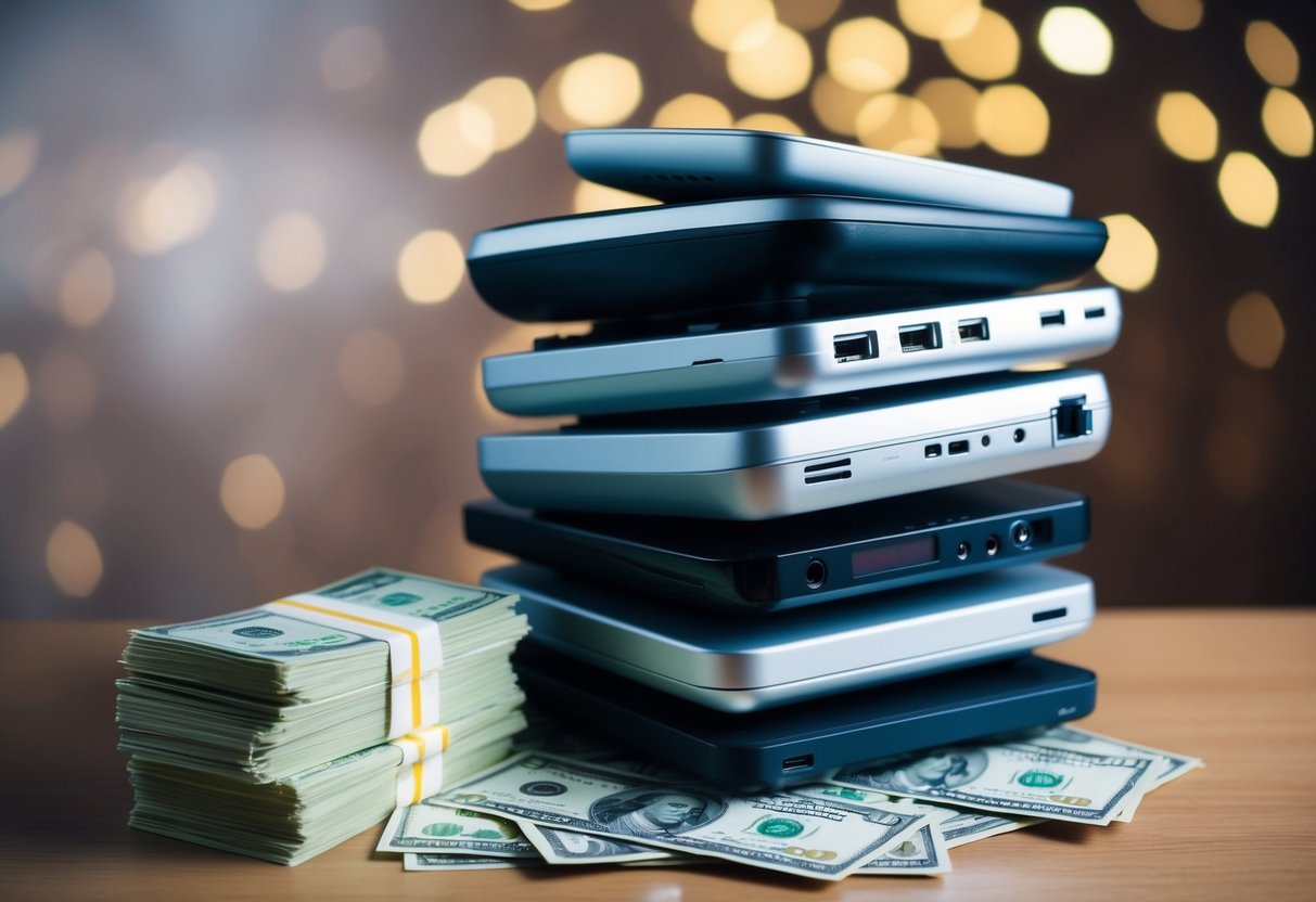 A pile of outdated electronic devices sits next to a stack of money, symbolizing the financial aspects of IT asset disposition and recycling