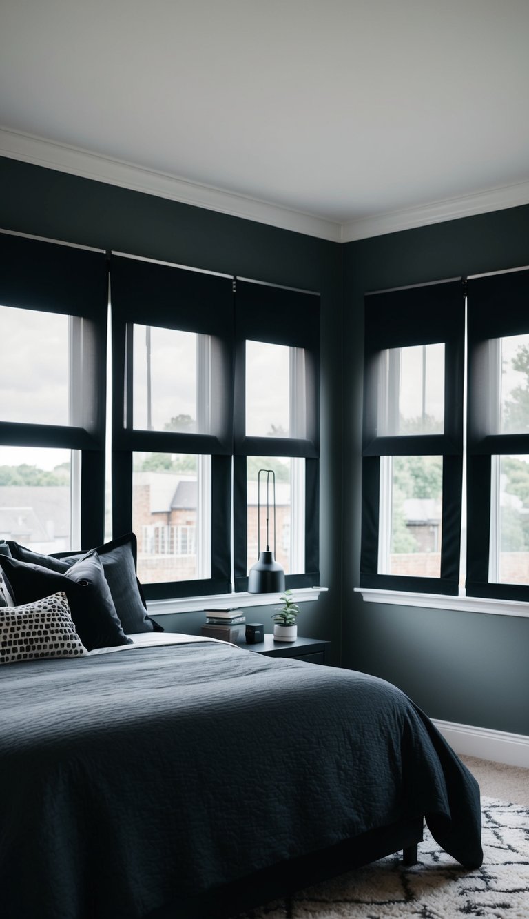 A dimly lit bedroom with black and gray decor, featuring shadowy blackout shades covering the windows