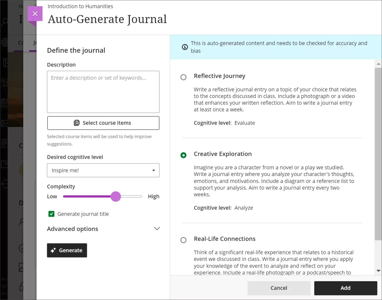 Image of the auto-generate panel for journals, with customization options beside autogenerated prompts