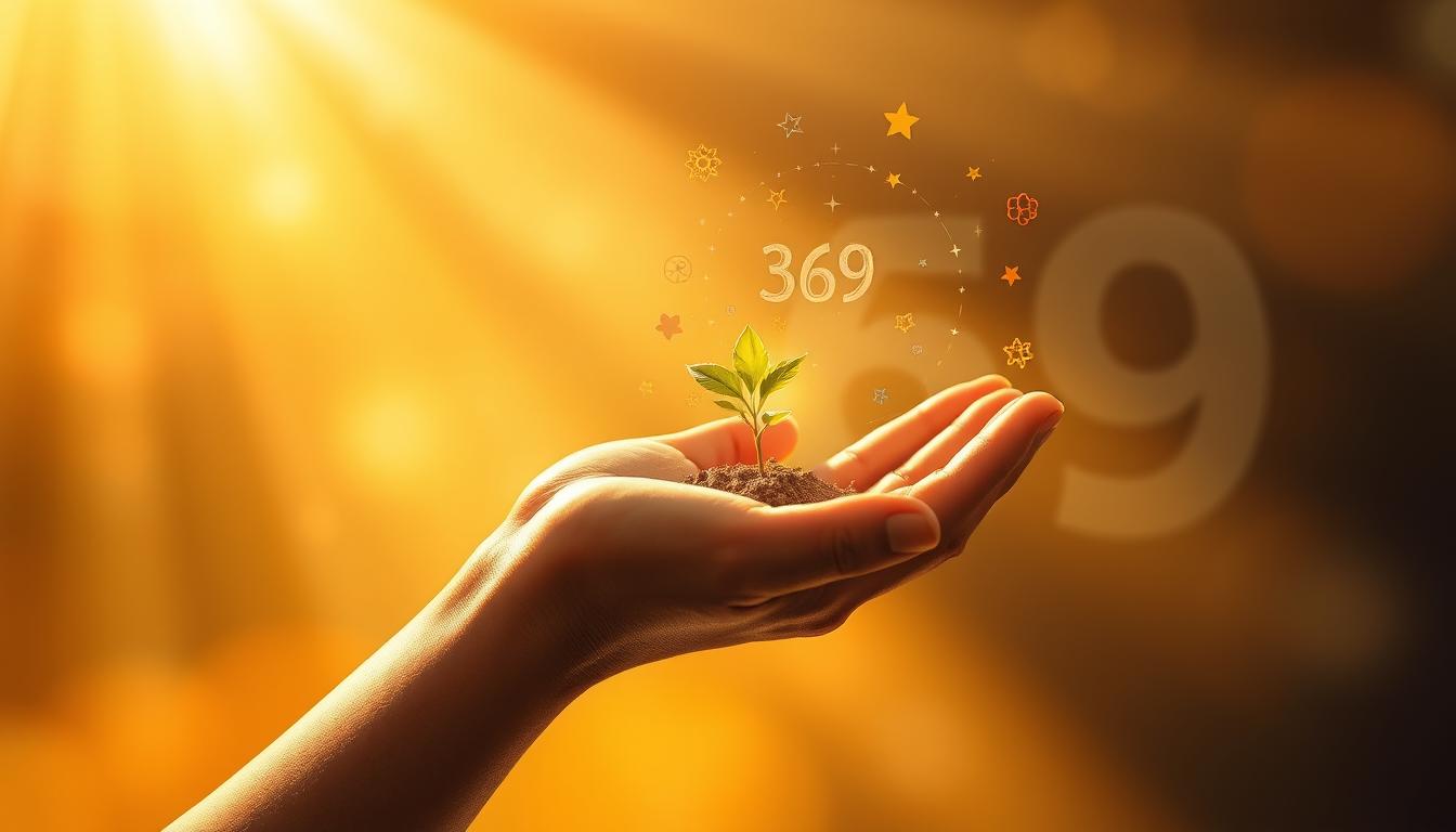 An image of a person holding a small seed in their hand, with rays of light shining down on them to represent the power of belief. The seed should be surrounded by vibrant colors and symbols that represent their dreams and aspirations. In the background, there should be a faint outline of the number 369, to symbolize the writing method that helps manifest these dreams into reality. Use warm, uplifting tones to convey the message of hope and optimism.