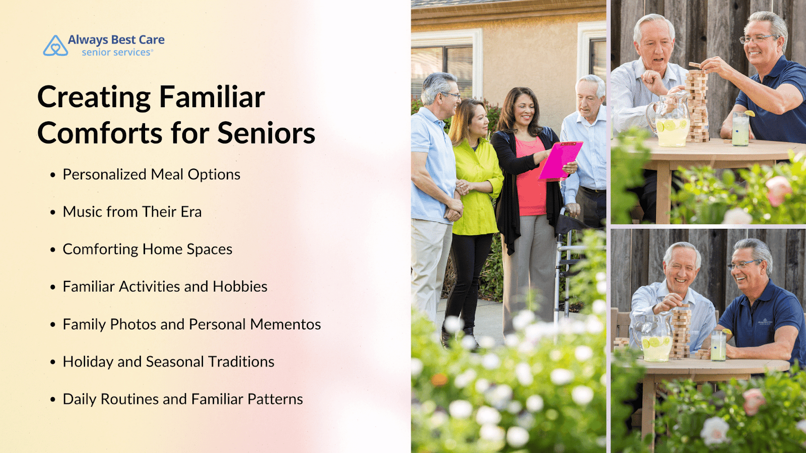 This infographic details how Always Best Care caregivers create familiar comforts for seniors