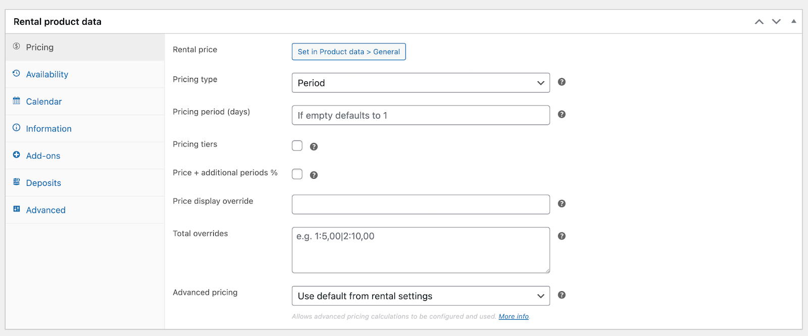 Rental product data metabox