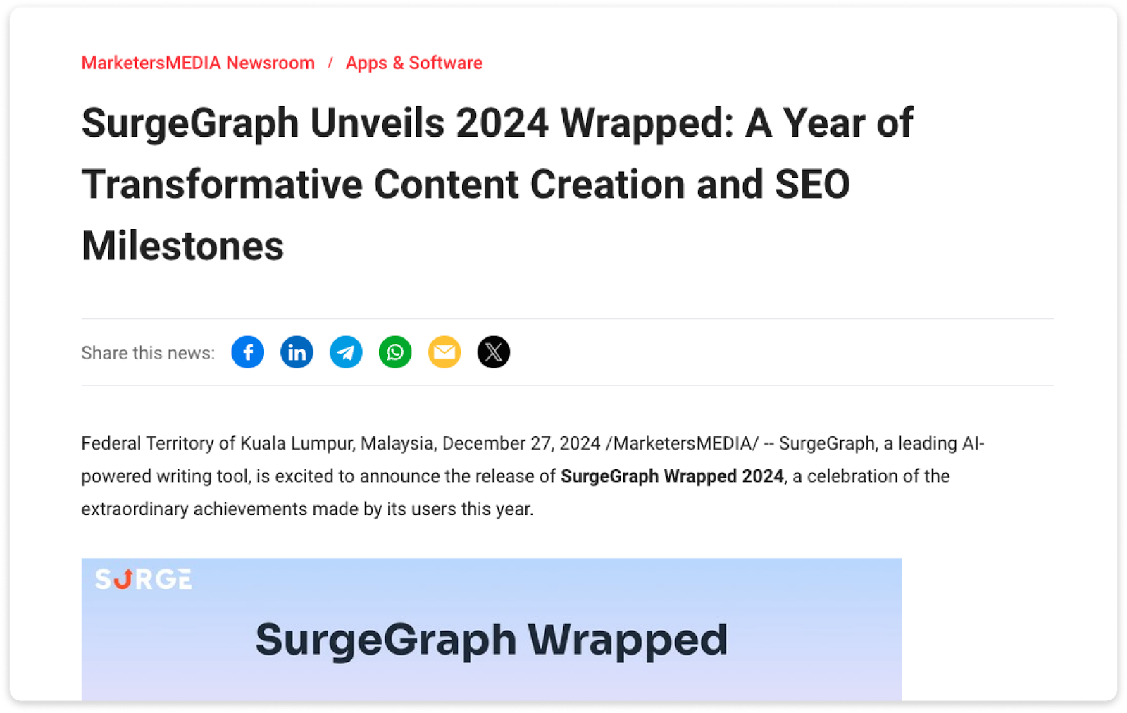 A press release highlighting SurgeGraph's annual milestones and achievements in 2024.