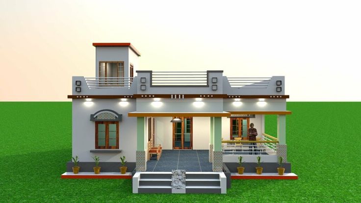 This may contain: this is a 3d rendering of a house in the middle of a green field with stairs leading up to it