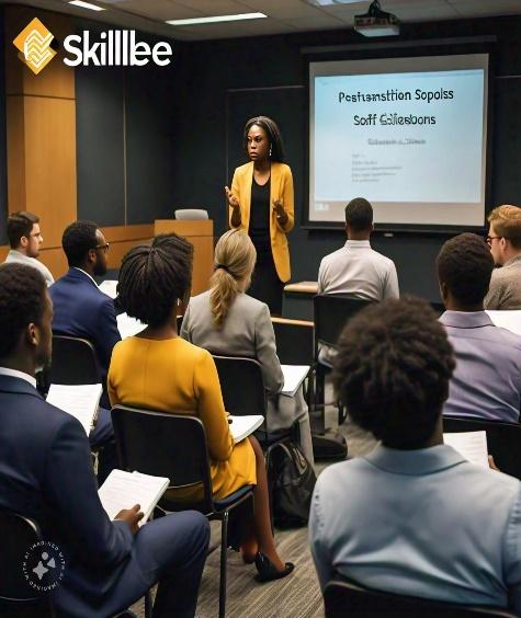 A person standing in front of a group of people in a room<br />
<br />
Description automatically generated