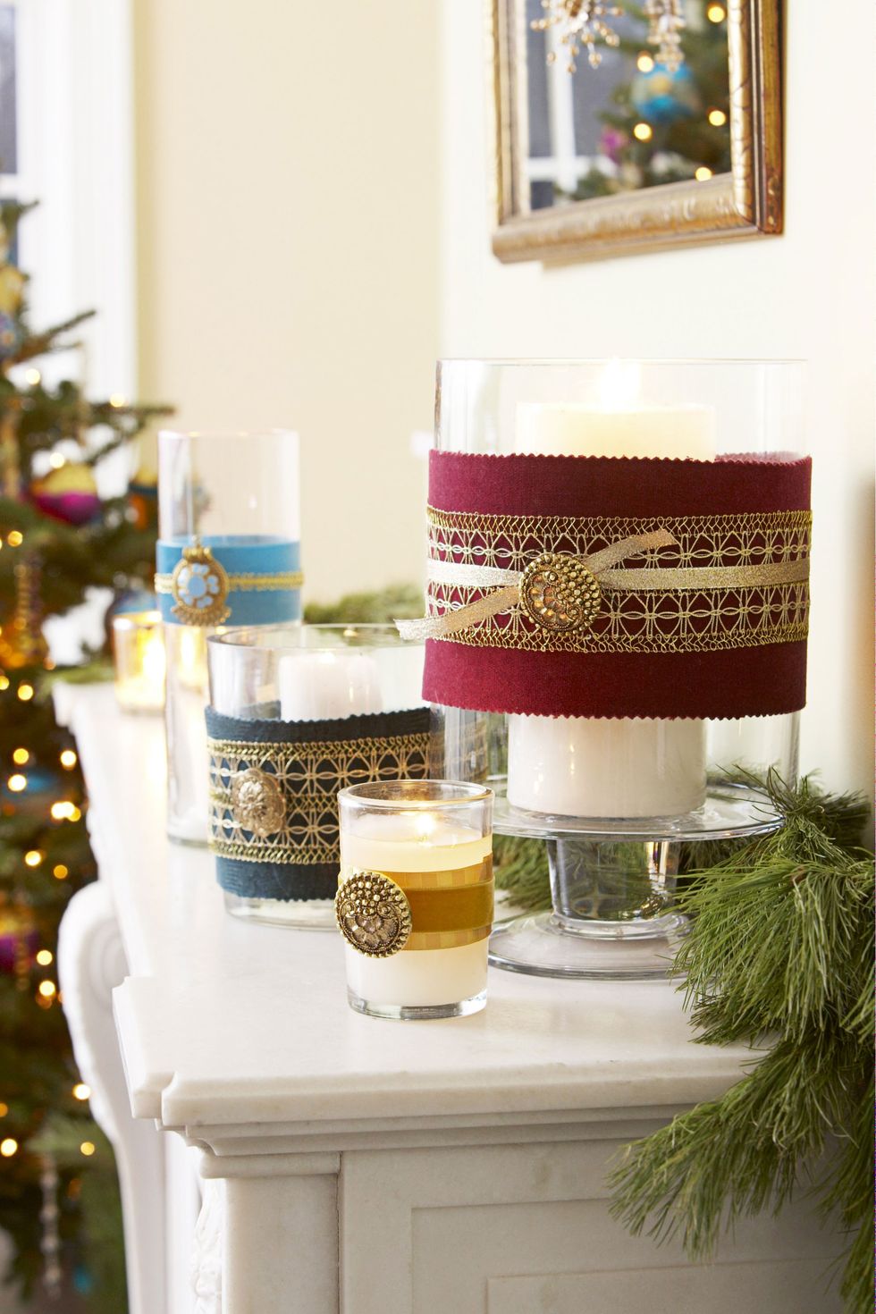 Embellished Hurricane Candles - Christmas Decoration Ideas