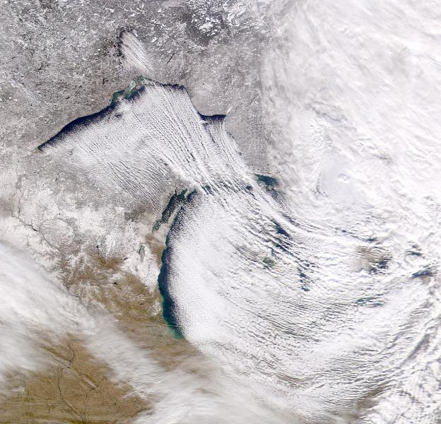 A satellite image of Michigan with lake-effect snow. 