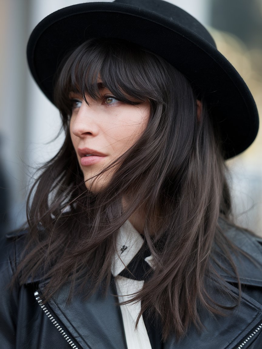 18. Stylish and Sultry Long Bangs