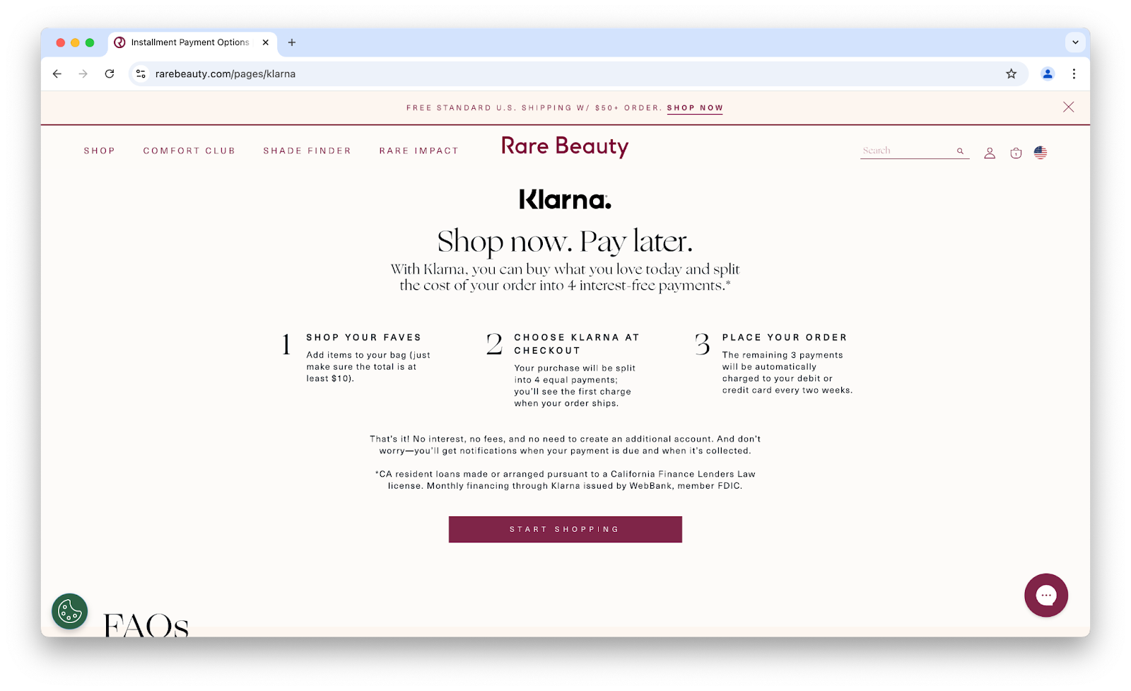 Image of Rare Beauty's Klarna page.