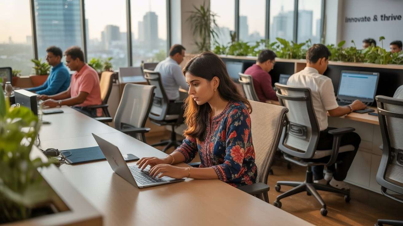 Dynamic co-working space in Bangalore showing collaborative work environment with modern interior design