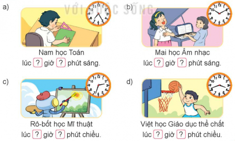 BÀI 66. XEM ĐỒNG HỒ. THÁNG - NĂMHOẠT ĐỘNG 1Bài 1: Số?Giải nhanh:a) Nam học Toán lúc 7 giờ 25 phút sáng.b) Mai học Âm nhạc lúc 10 giờ 10 phút sáng.c) Rô-bốt học Mĩ thuật lúc 2 giờ 33 phút chiều.d) Việt học Giáo dục thể chất lúc 3 giờ 42 phút chiều.Bài 2: Hai đồng hồ nào chỉ cùng thời gian vào buổi chiều?Giải nhanh:Bài 3: Chọn đồng hồ thích hợp với mỗi tranhGiải nhanh:a) Đồng hồ  A.b) Đồng hồ B.Bài 4: Số?a) 10 phút + 25 phút = ? phútb) 24 giờ - 8 giờ = ? giờc) 24 giờ × 2 = ? giờd) 60 phút : 6 = ? phútGiải nhanh:a) 10 phút + 25 phút = 35 phútb) 24 giờ - 8 giờ = 16 giờc) 24 giờ × 2 = 48 giờd) 60 phút : 6 = 10 phútHOẠT ĐỘNG 2Bài 1: Quan sát tờ lịch năm nay và cho biết:a) Những tháng nào có 30 ngày.b) Những tháng nào có 31 ngày.c) Tháng 2 năm nay có bao nhiêu ngày.Giải nhanh:a) Những tháng  có 30 ngày: tháng 4, tháng 6, tháng 9, tháng 11b) Những tháng có 31 ngày: tháng 1, tháng 3, tháng 5, tháng 7, tháng 8, tháng 10, tháng 12c) Tháng 2 năm nay có 28 ngày.LUYỆN TẬP