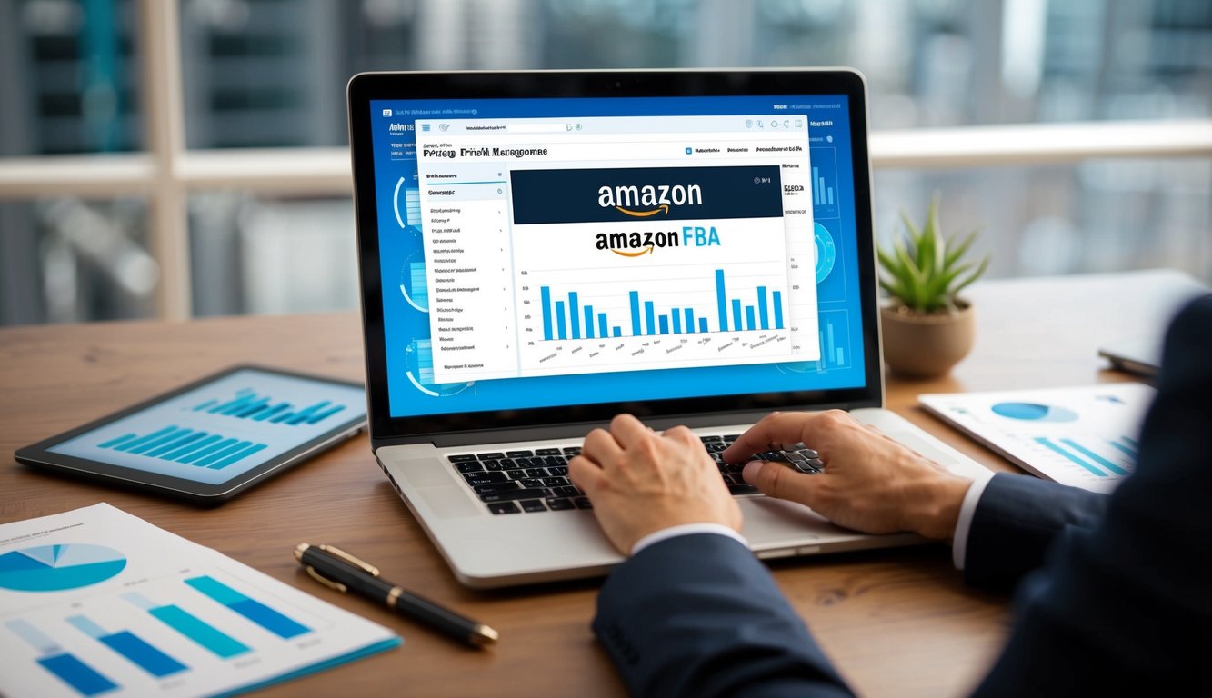 A laptop displaying pricing and profit management software with an Amazon FBA logo on the screen, surrounded by charts and graphs