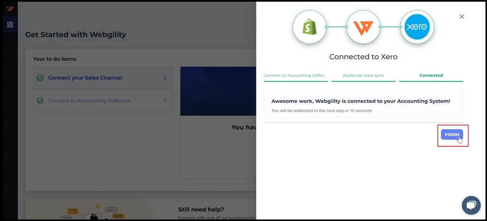 Final setup view: Xero and Webgility successfully connected