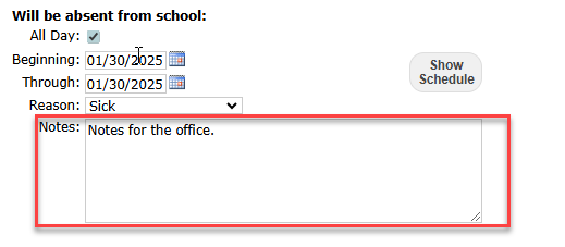 This image displays where parent/guardians can enter notes for the  Front Office staff.