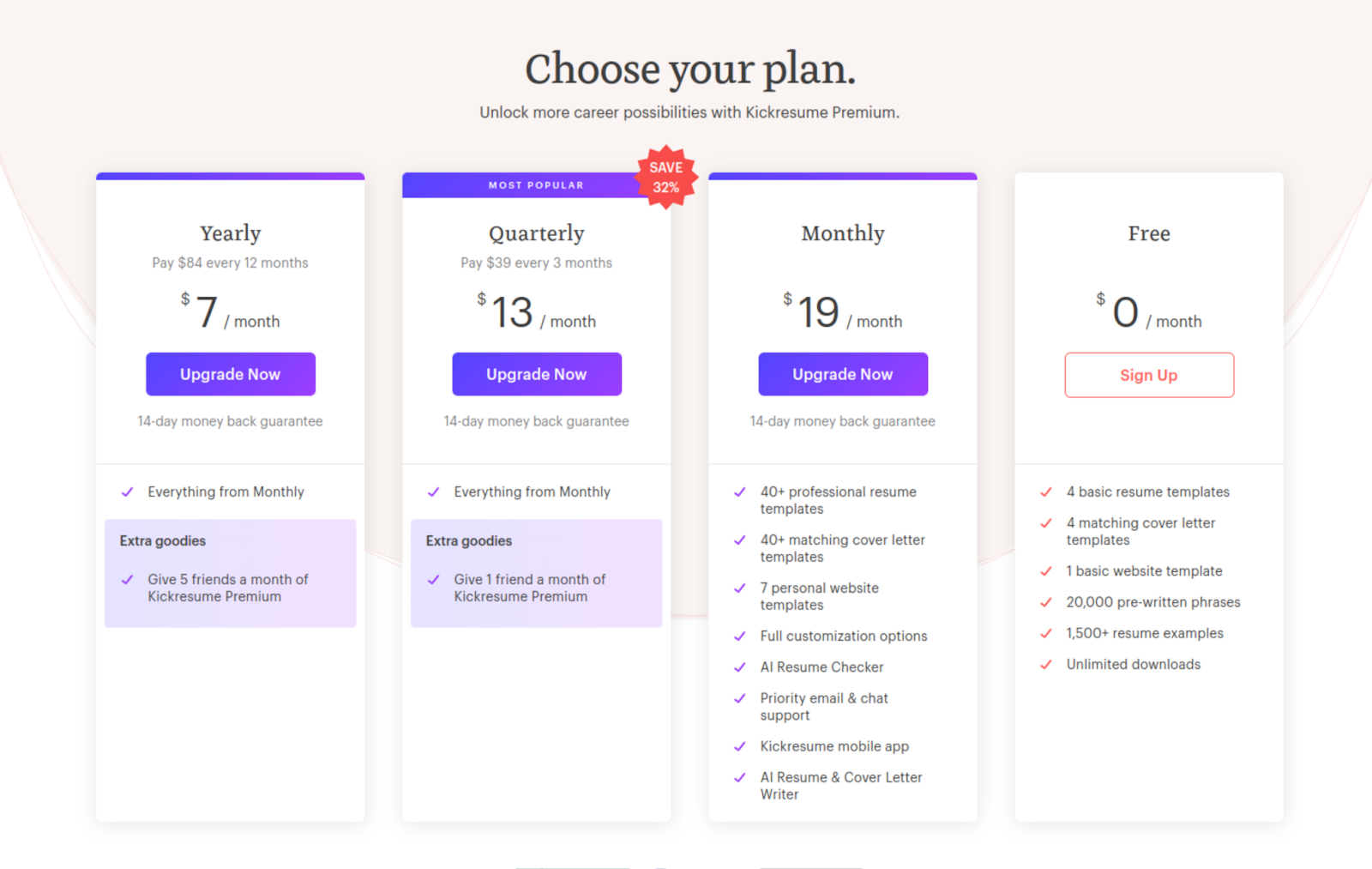 Kickresume's pricing plans and subscription options