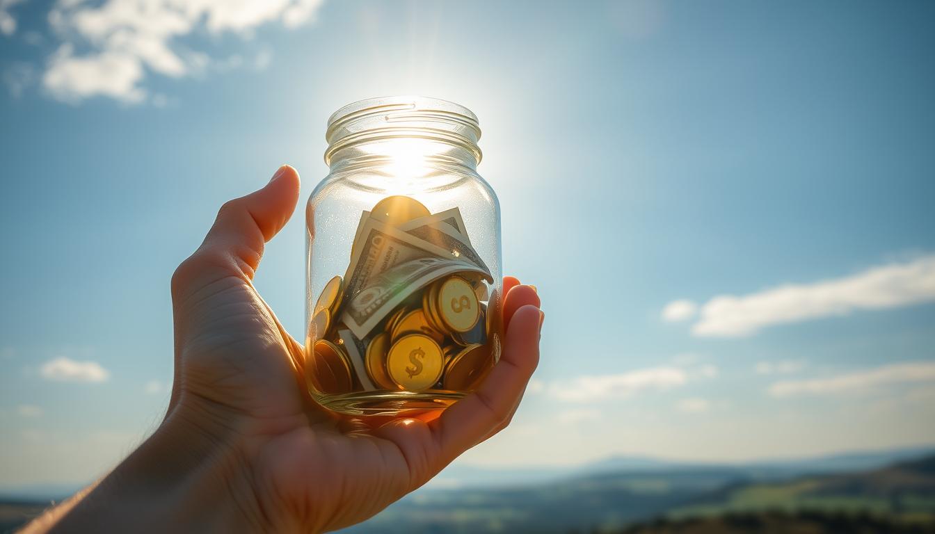 An image of a hand holding a glass jar filled with golden coins and bills, surrounded by rays of bright light. The jar is placed in front of a serene landscape with a radiant sky. The hand is slightly open, as if expressing gratitude for the abundance of wealth and prosperity that has come into their life through the power of gratitude. The coins and bills are neatly stacked, representing the order and organization that comes from being grateful for one's financial blessings.