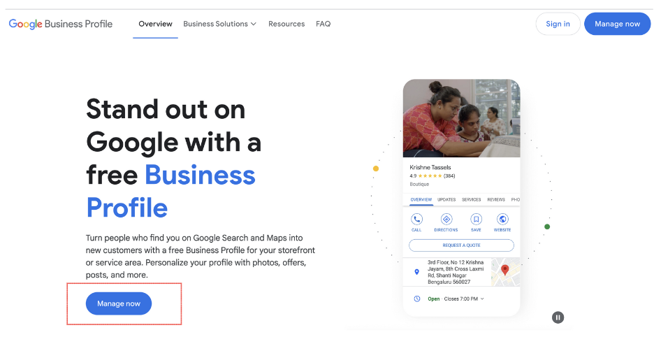 Manage Now option in Google business profile